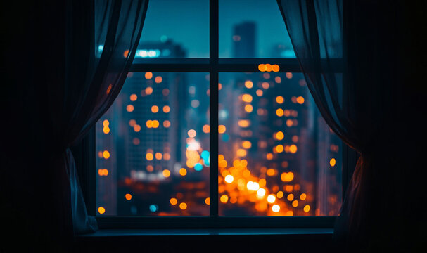 window frames blurred cityscape at night, seen through sheer curtains.  warm glow of city lights creates peaceful, contemplative atmosphere inside  room.  sense of tranquility and urban life. sleep hy