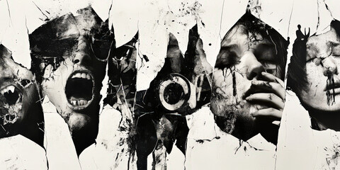 Obraz premium Black and White Abstract Collage Expressing Emotions Through Fragmented Faces