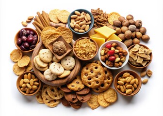 A Delicious Array of Snacks: Colorful Cookies, Crunchy Nuts, and Salty Chips Isolated on a Bright White Background for Food Illustration and Creative Culinary Projects