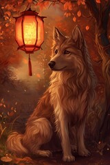 chinese zodiac sign.dogUnder a Lantern: A wolf sits beneath a glowing lantern in a forest, bathed in warm light, surrounded by autumn foliage. His gaze is calm and contemplative.