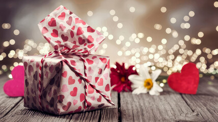 Romantic present wrapped in a paper with hearts. Valentine's day