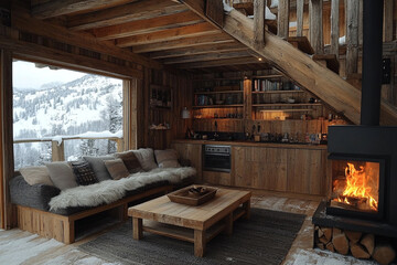 Cozy Mountain Cabin Living Room With Fireplace And Snow View