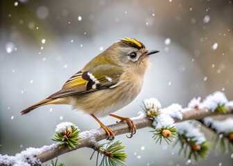 Naklejka premium A Lonely Goldcrest Regulus Bird Perched on a Branch Amidst Snowfall in Winter - Captivating Wildlife Photography of Nature's Beauty in a Serene Snowy Landscape