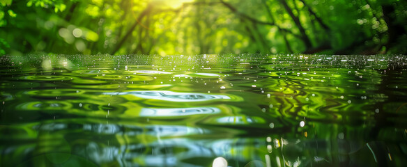 Tranquil forest pond with water droplets and sunlight
