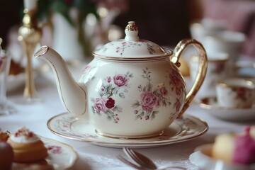 Floral Teapot and Saucer Set on a White Tablecloth