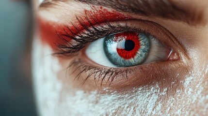 A captivating eye features dynamic red and white makeup in an artistic display, conveying bold creative expression through sharp visual contrasts and vivid colors.