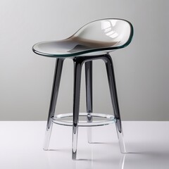 Glass sculpture of modern bar stool with gray gradient seat, clear tapered legs, frosted base, light gray background, generative ai