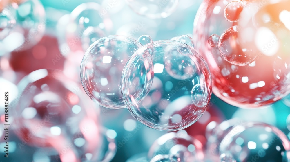 Poster an enchanting close-up of bubbles showing intricate patterns and reflections set against a colorful 