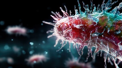 An artistic rendering presents a vibrant multicolored virus, portrayed with exaggerated textures and colors, evoking a sense of awareness and intrigue about microscopic life.