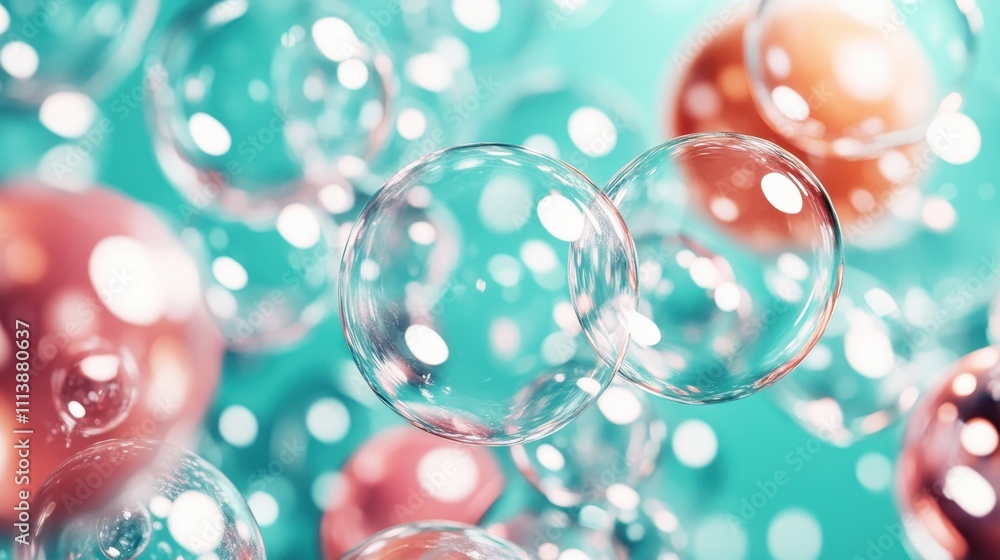 Poster a close-up view of overlapping translucent bubbles, harmoniously interplaying against a soft pastel 