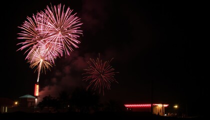 Night sky ablaze with vibrant pink and red fireworks exploding over a cityscape.