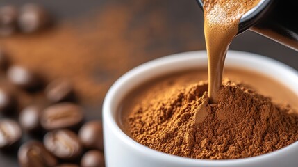 Fine coffee powder is poured into a cup, surrounded by coffee beans, capturing the indulgence and richness of a freshly brewed espresso, perfect for connoisseurs.