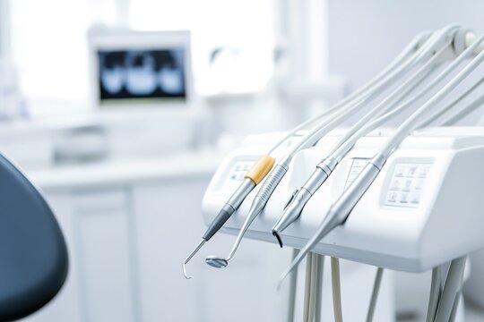 Modern dental tools in clinic, focus on instruments, health concept