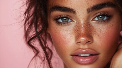 An intimate close-up shot of a woman's freckled face with striking blue eyes, beautifully captured against a pink background, emphasizing her natural allure.