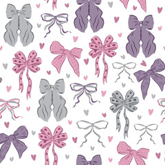 Purple and grey bows retro vector pattern. Valentine presents ribbons background with hearts