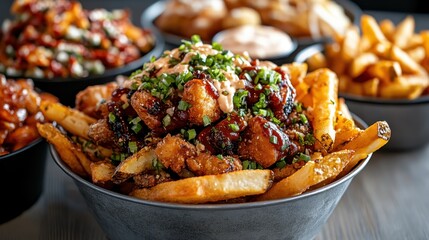 A bowl of delicious loaded fries topped with crispy chicken, green onions, and a savory sauce, showcasing a vibrant and appetizing presentation.