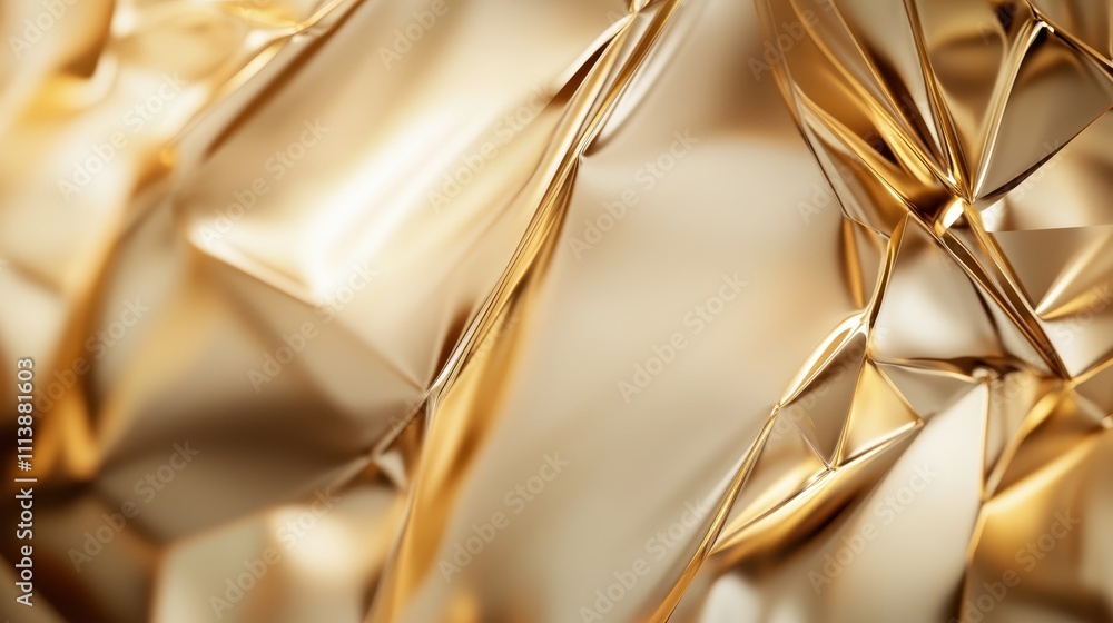 Poster an abstract image showcasing a gold metallic surface with intricate folds and creases, reflecting li