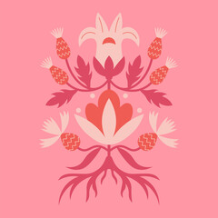 Folk floral symmetrical arrangement. Traditional slavic scandinavian ornament with rustic embroidery motifs. Clean flat minimal geometric shapes in unique reflected elegant print.