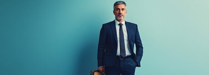 A middle-aged man in a well-tailored navy blue business suit, with a tie and briefcase, standing against a pastel blue background with large empty space on either side.