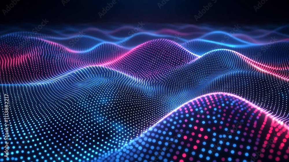 Poster 3d abstract waves with colorful dots in red and blue against dark background in digital landscape de