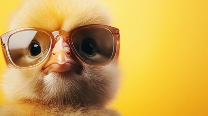In this fun image, a fluffy chick or chicken is wearing fashionable sunglasses and standing against a bright yellow background, creating a playful vibe.