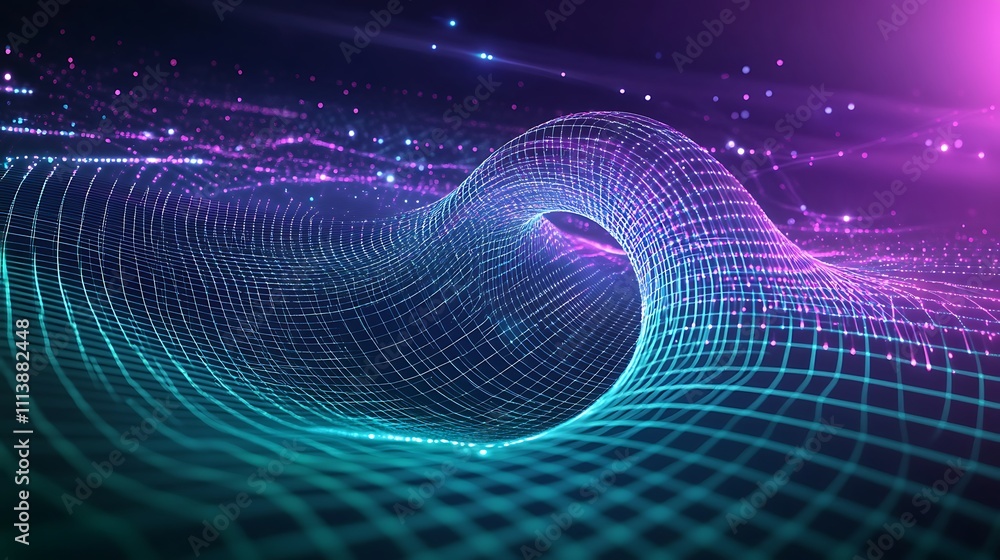 Poster abstract 3d flowing wave with digital particles in vibrant colors for technology or science backgrou