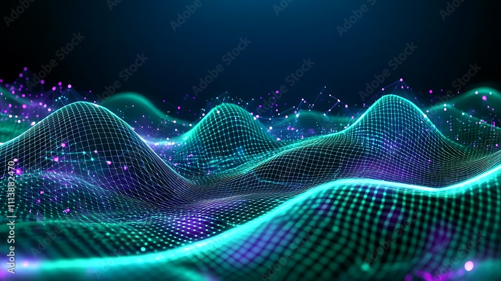 Poster abstract 3d digital waveform representation with glowing particles and network lines in vibrant colo