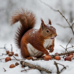 Fototapeta premium A red squirrel holding an acorn on a white background.
