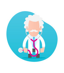 Vector cartoon of a cheerful senior doctor with a mustache in a white coat holding a stethoscope. Isolated on white background
