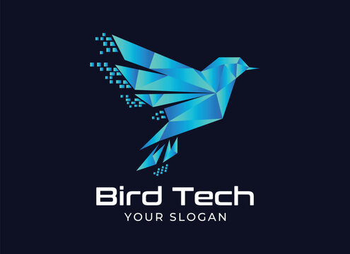 Technology bird logo design vector, bird tech logo, geometric polygonal bird tech logo vector icon illustration, bird and pixel tech concept design