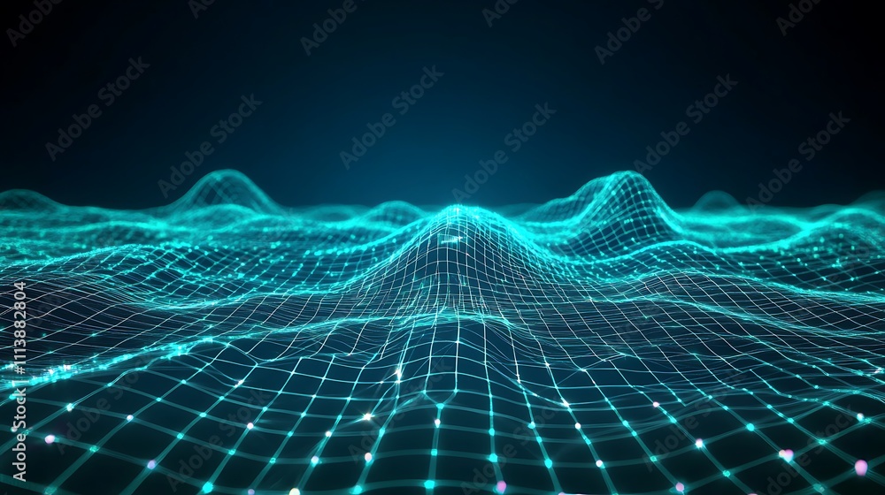 Poster abstract 3d representation of digital terrain with wave patterns and neon grid on dark background
