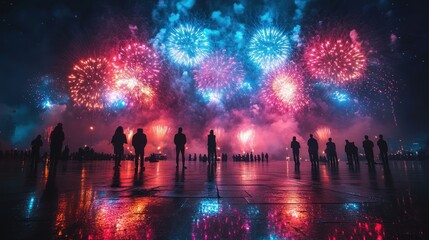 Crowd watching vibrant fireworks display at night, reflected on wet ground.