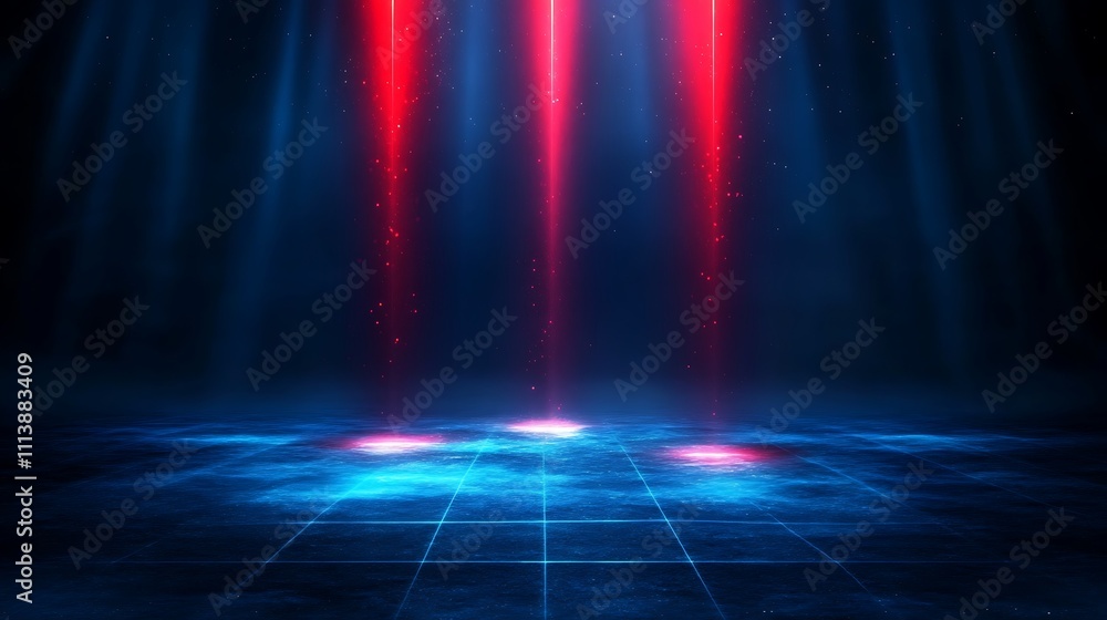 Poster abstract background with red and blue light beams illuminating a futuristic stage or floor in dark s
