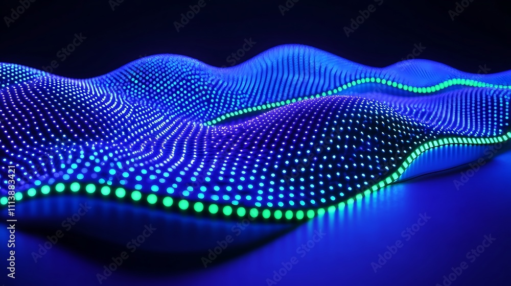 Poster abstract blue and green light waves with dots in a dark background for tech and modern design concep