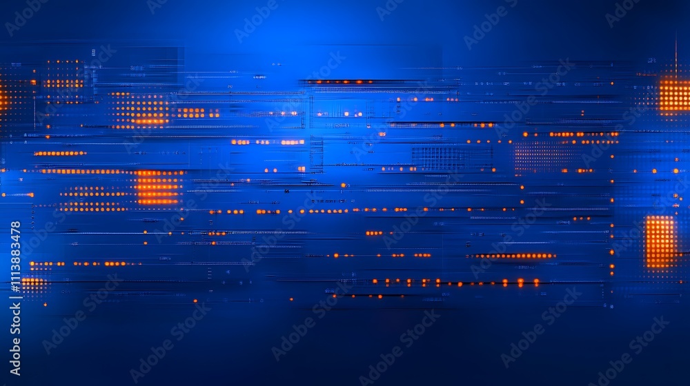 Poster abstract blue and orange digital background with data lines and dots for technology and science conc