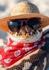 A snake wearing sunglasses, a straw hat, and a red bandana with a fun beach vibe.