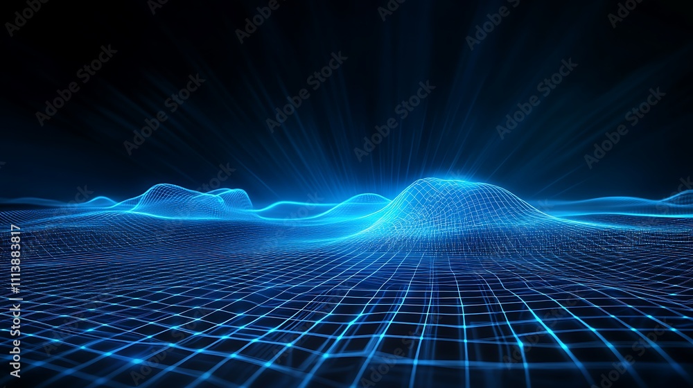 Poster abstract blue digital landscape with waveforms and grid on dark background for technology and futuri