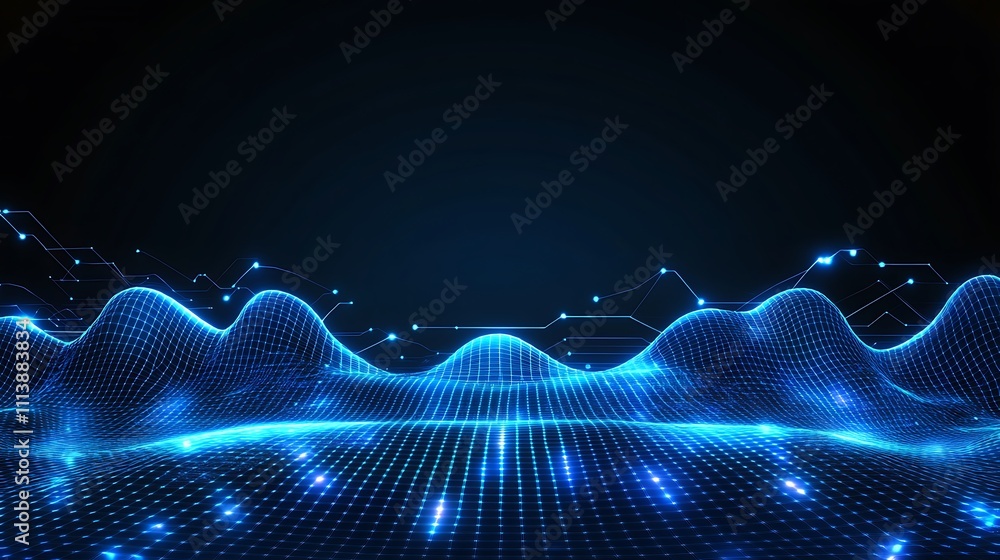 Poster abstract blue digital wave landscape with glowing points and lines in a futuristic style for technol