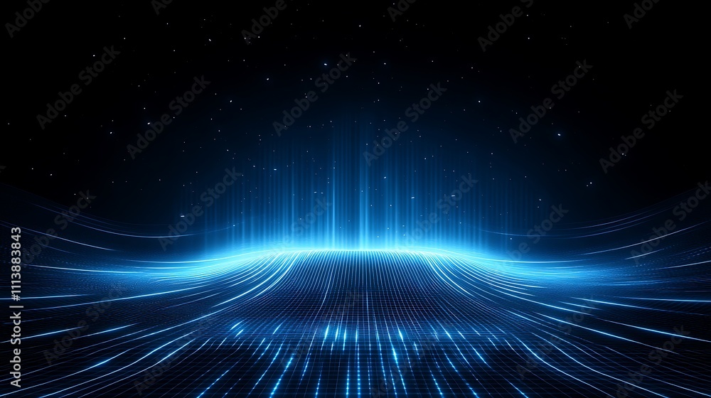 Poster abstract blue digital wave with glowing lines and dots on dark background for futuristic design and 