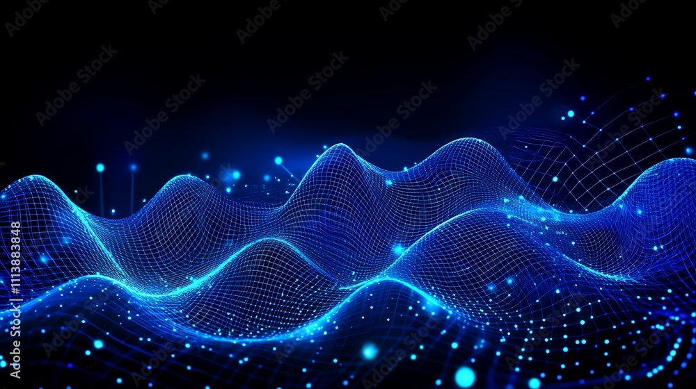 Poster abstract blue digital waveform with glowing particles on dark background for technology and science 