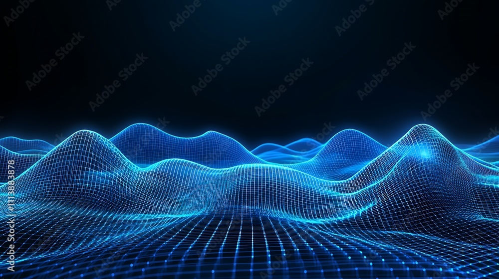 Poster abstract blue digital waves in 3d with glowing lines and grid network on dark background