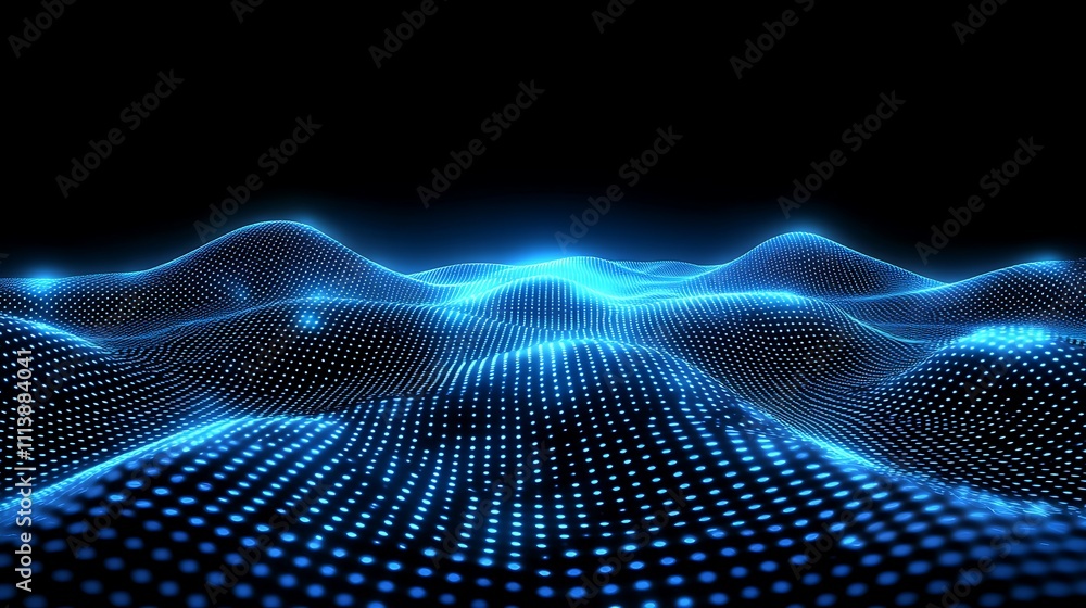 Poster abstract blue digital waves with illuminated dots flowing in dark background for futuristic design c