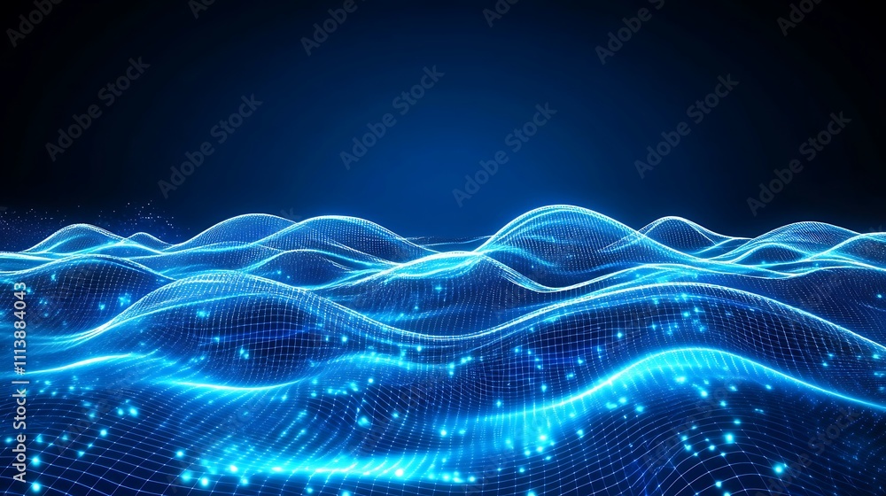 Aufkleber abstract blue digital waves with glowing points on dark background for technology and design concept