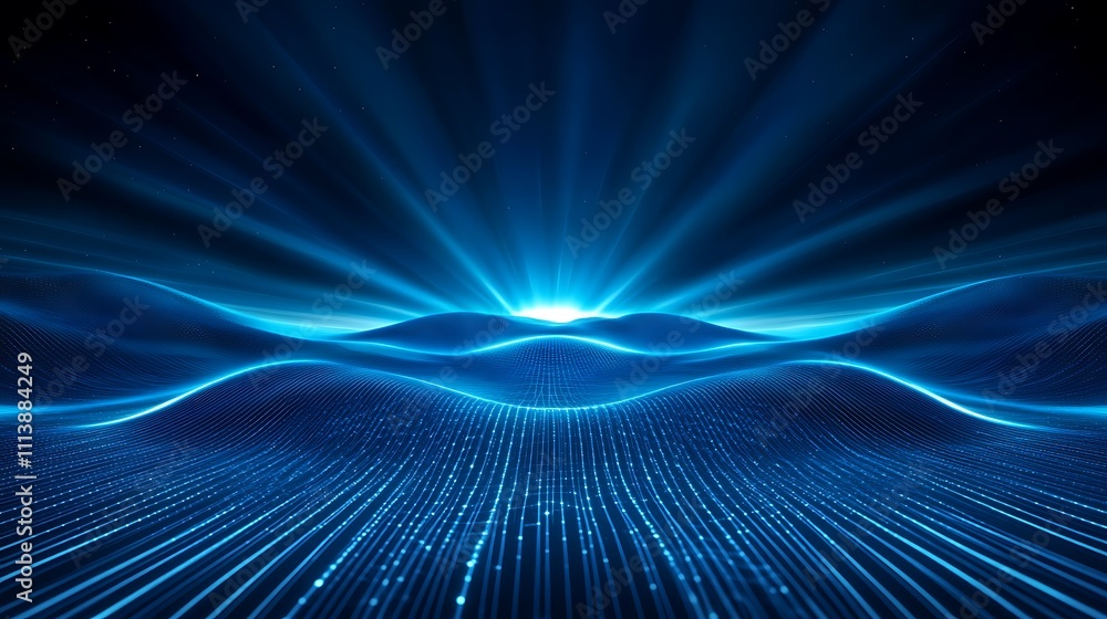 Poster Abstract Blue Light Waves and Rays Creating a Stunning Digital Landscape with Glowing Elements