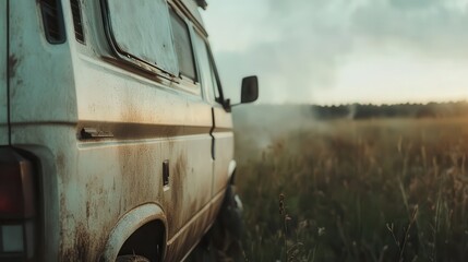 A vintage camper van rests in a misty field at dawn, conveying a sense of adventure and mystery as it awaits its next journey amidst nature's serene ambiance.