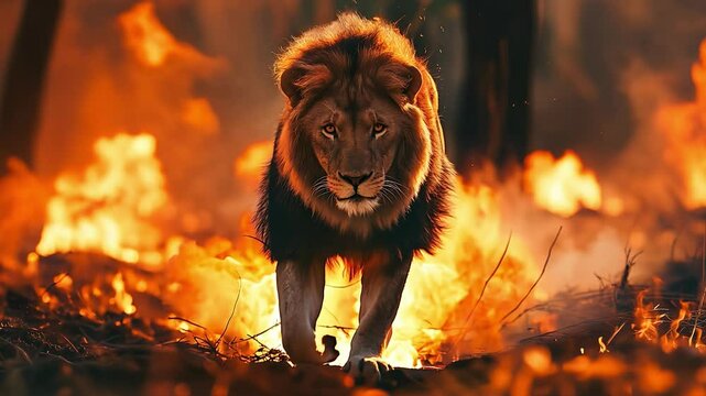 A lion in danger of forest fires, Wild animals in the context of climate change	
