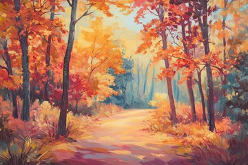 Vibrant autumn pathway through the colorful forest. Generative AI