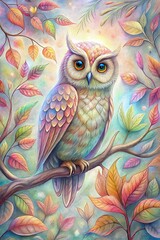 Naklejka premium Colorful Owl Perched Branch Surrounded Autumn Leaves Vibrant Nature Beauty