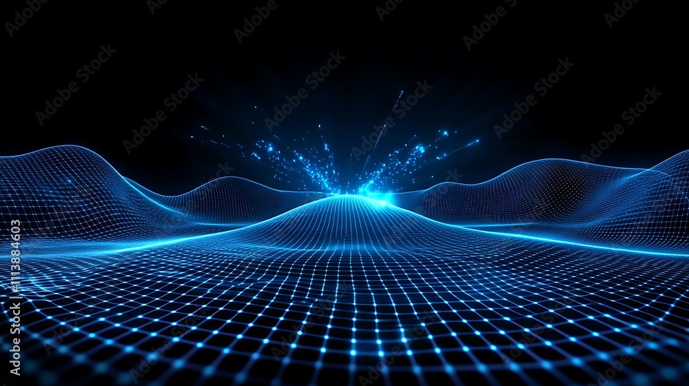 Aufkleber abstract blue surface with grid and dynamic light effects on black background
