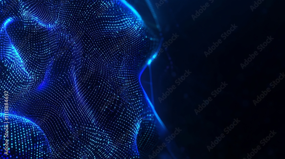 Poster abstract blue wave background with glowing dots and particles illustrating digital technology and da